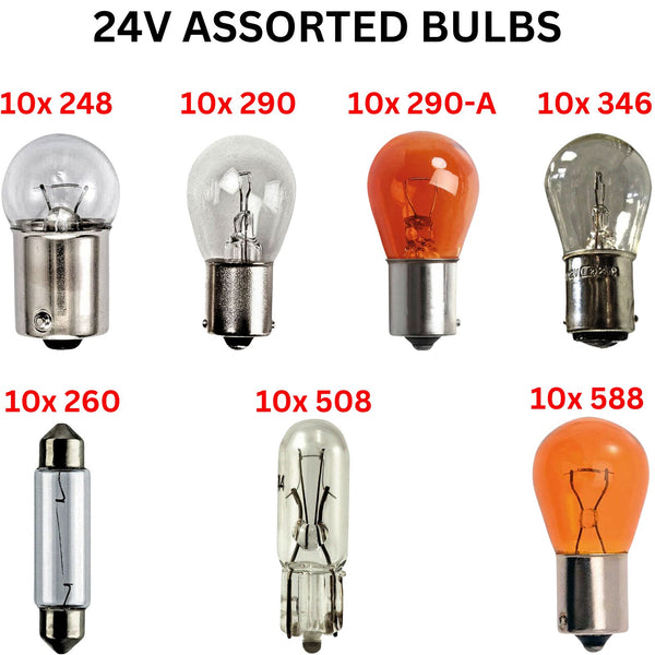 70x Assorted Bulb 24V Pack of 10Pcs (248-290- 346-260-508-588) for Truck Lorry - UK MOTOR FACTORS