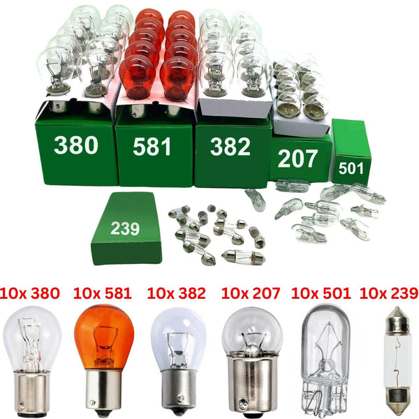 60x Car Bulb Garage Pack Assorted 12v Bulbs -10Pcs EACH 380 382 581 207 501 239 - UK MOTOR FACTORS