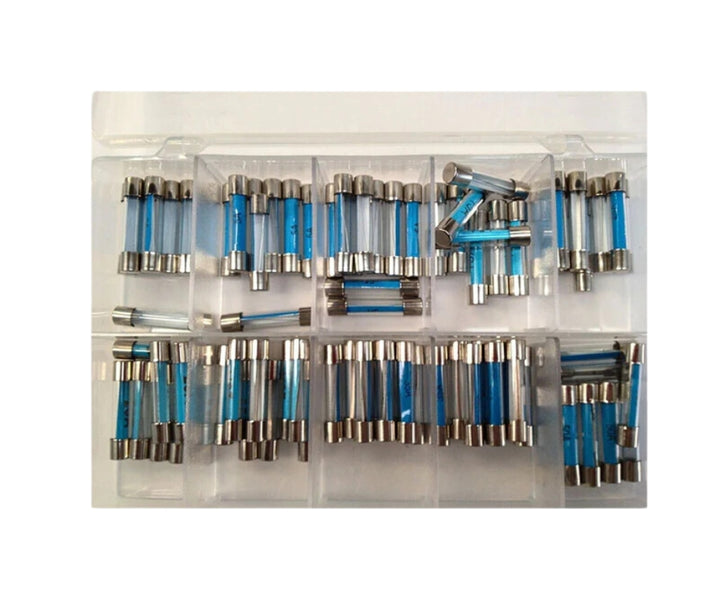 Assorted glass fuses, 1A-50A (20mm-30mm) for automotive and electrical use
